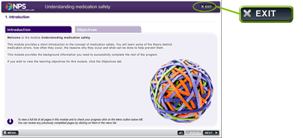 The Exit Button is in the top right corner of each its title. (You cannot jump ahead to pages you have haven't completed yet).</p>
<p class=